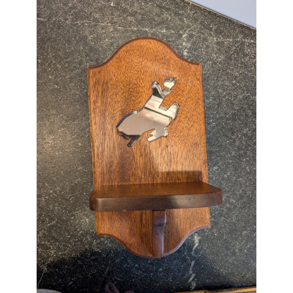 Vintage Handmade Wood Wall Shelf (Rabbit?) Mirror Inlay Western Rustic - Picture 2 of 6
